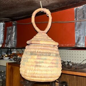 Native American Hand Woven Coiled Basket With Lid And Handle